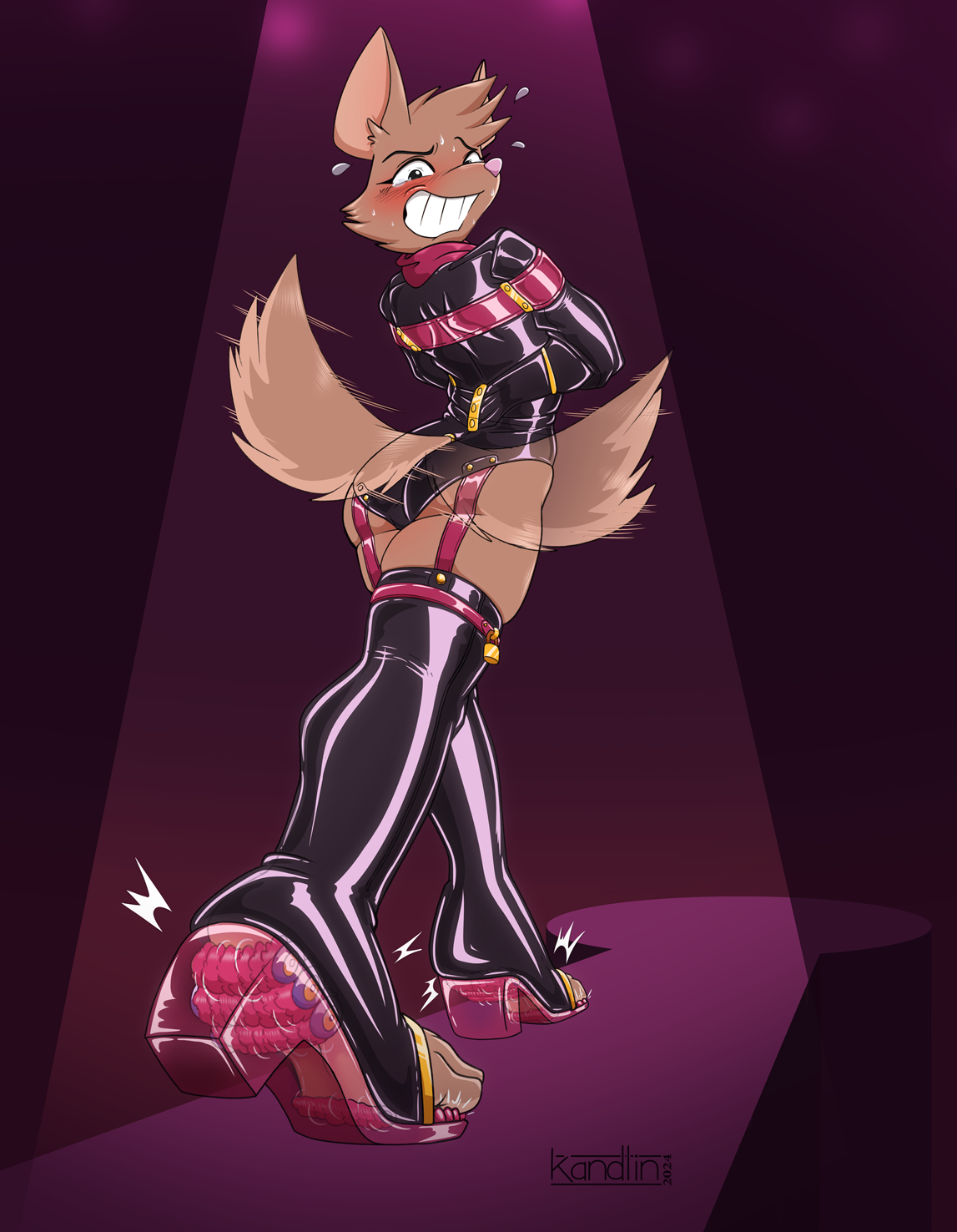 A folf (fox/wolf hybrid) is walking on a catwalk wearing a letex straightjacket and thigh highs. Her boots are semitranslucant, and reveal rollers tickling her toes and soles. She's trying to hold back her laughter and wagging her tail.