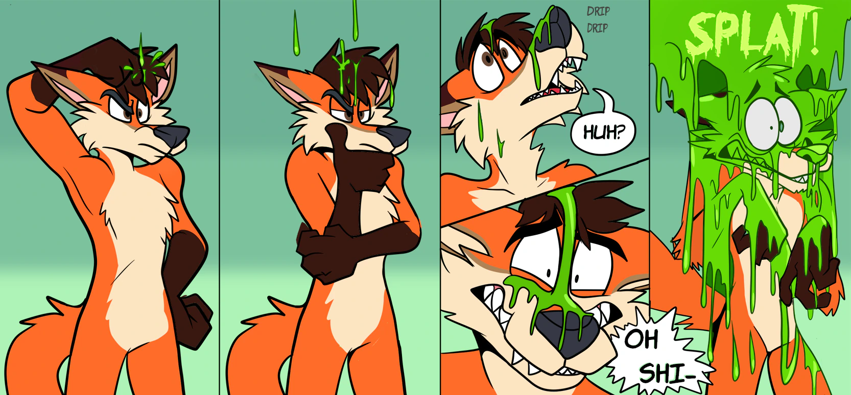 4-panel comic of a cartoon Anthro fox getting green slime dumped on him from above, beginning with suspicious drips and ending with a deluge