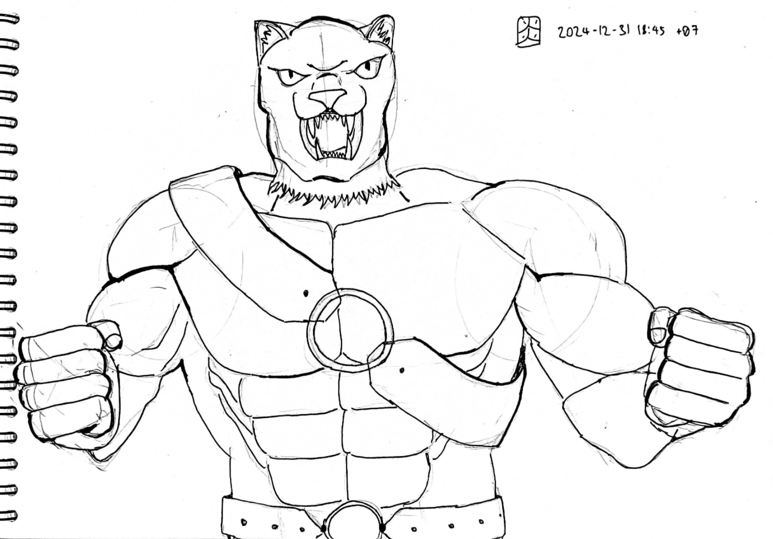 a drawing of a muscular man with a leopard as a head extending his arms and clenching his fists