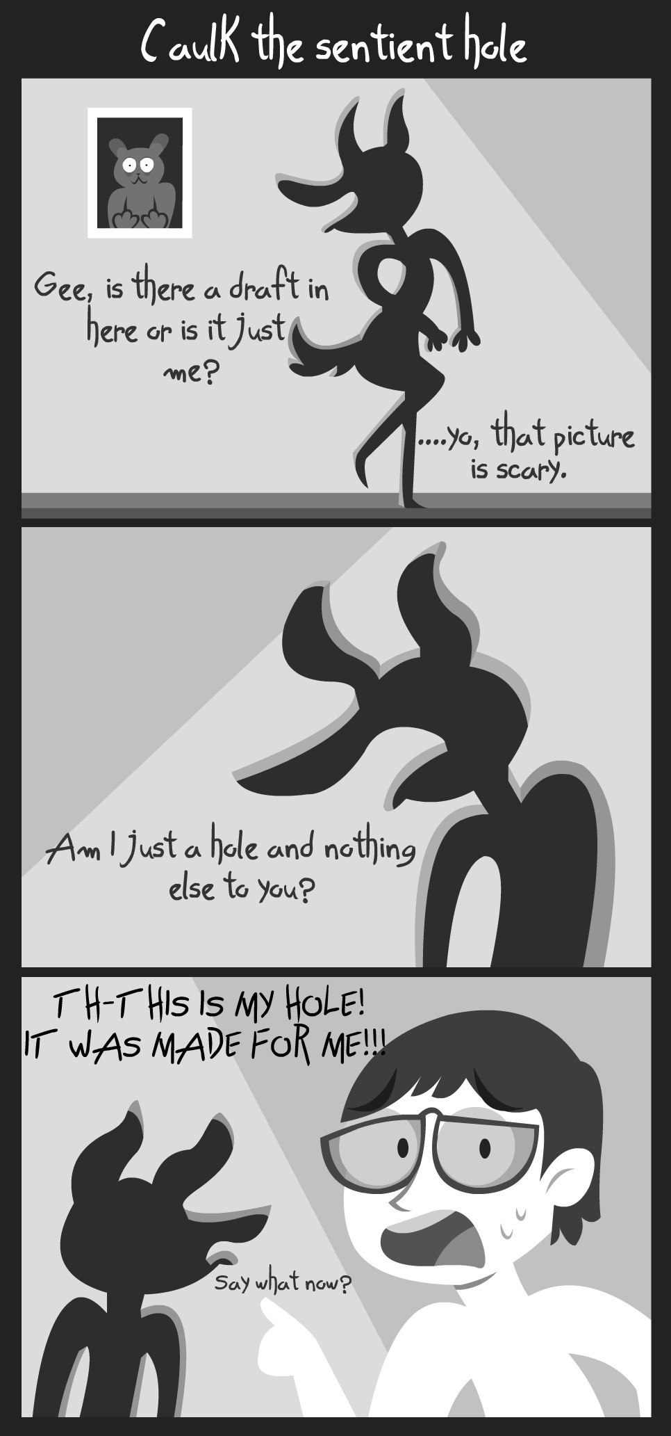 3-panel comic of a hole in a wall that's also, somehow, an animate talking Anthro.  The last panel is an obligatory reference to the meme-famous horror manga Amigara Fault.