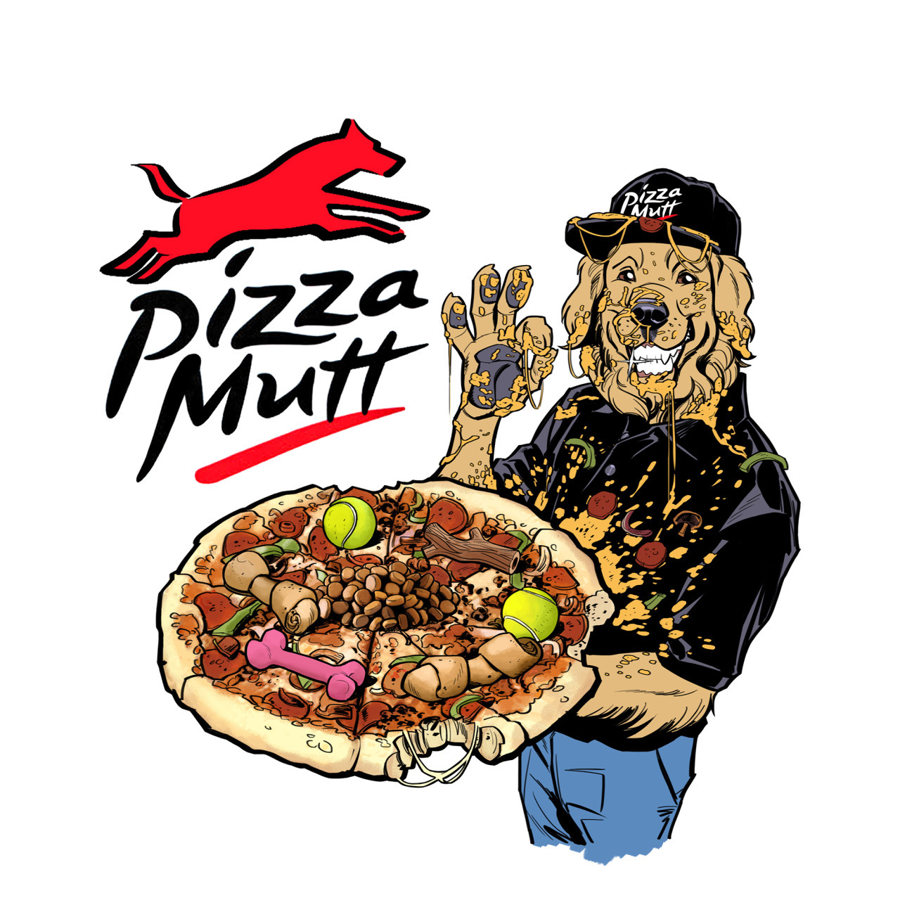 An Anthro golden retriever pizza delivery guy, splattered with cheese and toppings, and holding an unboxed pizza with several bites out of it.  The pizza is also topped with dog items (a pile of kibble, chew toys, tennis balls) for some reason.