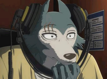 Legoshi from Beastars wearing headphones. They're normal headphones, but he's wearing them upside down.