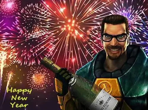 Gordon Freeman holding a bottle of alcohol with a background of fireworks, captioned Happy New Year