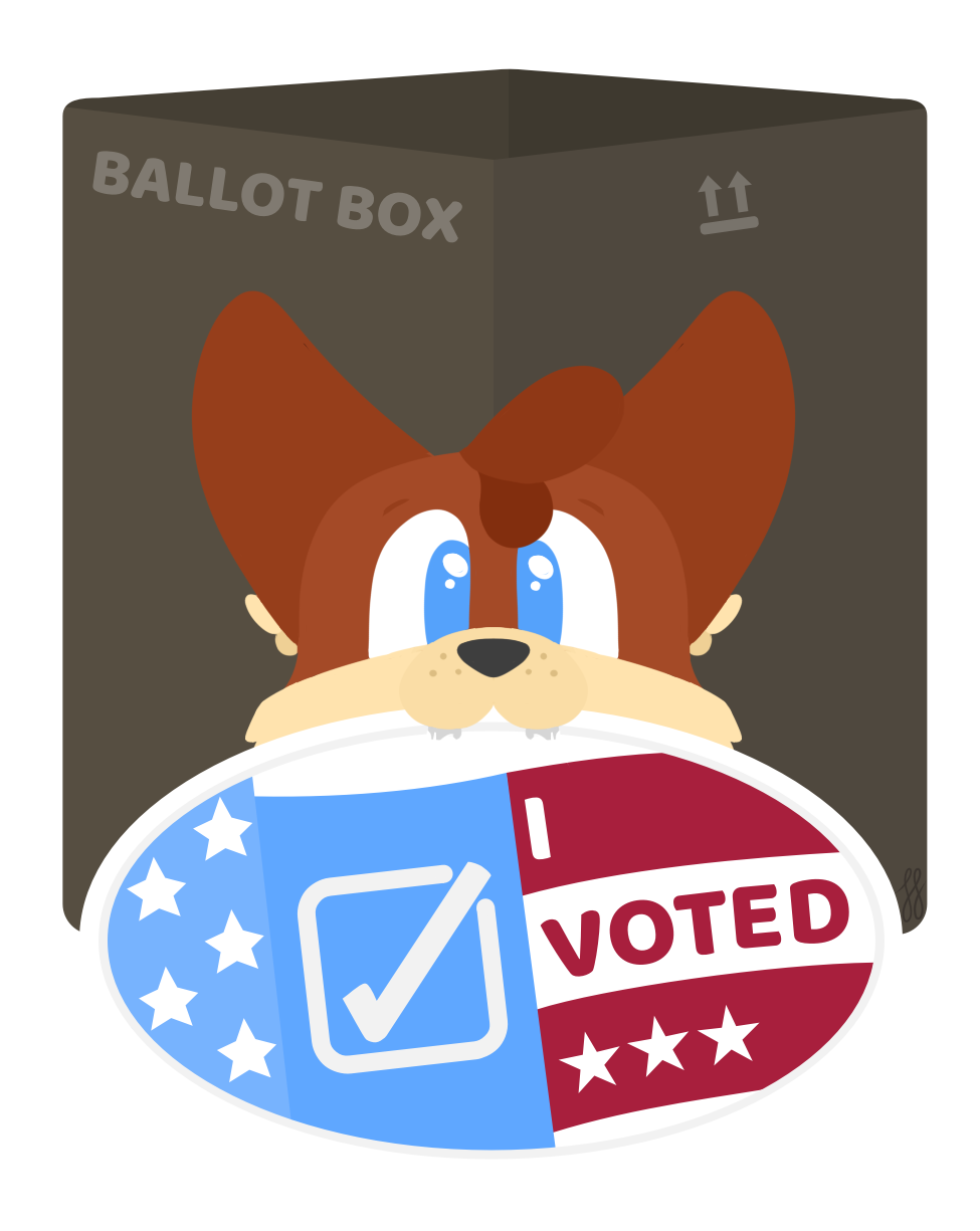 A largely vector art, line less image which showcases the head of Foxfire, an anthro fox with reddish-brown fur, blue eyes, and a cream colored muzzle looking at the viewer. He is biting down on a sticker, with his fangs piercing through it.   The sticker states that the recipient voted. It displays an American flag in an oval design, which has been modified into three sections. The leftmost section is a curled portion of the stars, which coil around the blue fabric. The middle has the stars removed, and instead represents a ballot. The ballot has a box and a check mark through it, showing that it's been filled out. The right side is the red and white stripes, which across them have text which states the recipient voted. A few more stars balance out the text on the right stripes with the middle checkbox.   Behind Foxfire is a cardboard box, which has been jokingly titled the 'ballot box'. This text is on the left side, while on the right side there are two arrows and an underline, which is a symbol which indicates to someone that this direction of the box should be facing upward. It is facing in the correct direction.