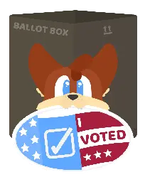 A largely vector art, line less image which showcases the head of Foxfire, an anthro fox with reddish-brown fur, blue eyes, and a cream colored muzzle looking at the viewer. He is biting down on a sticker, with his fangs piercing through it.   The sticker states that the recipient voted. It displays an American flag in an oval design, which has been modified into three sections. The leftmost section is a curled portion of the stars, which coil around the blue fabric. The middle has the stars removed, and instead represents a ballot. The ballot has a box and a check mark through it, showing that it's been filled out. The right side is the red and white stripes, which across them have text which states the recipient voted. A few more stars balance out the text on the right stripes with the middle checkbox.   Behind Foxfire is a cardboard box, which has been jokingly titled the 'ballot box'. This text is on the left side, while on the right side there are two arrows and an underline, which is a symbol which indicates to someone that this direction of the box should be facing upward. It is facing in the correct direction.