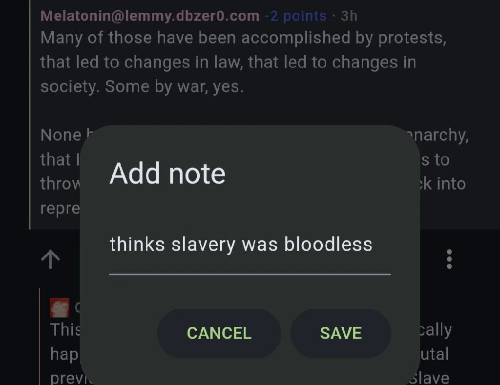 user note UI : &quot;thinks slavery was bloodless&quot;