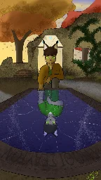 A male anthropomorphic lynx kneeling in front of a broken mirror in the middle of a ruin. His reflection visible is not himself, but a male anthropomorphic grey cat.