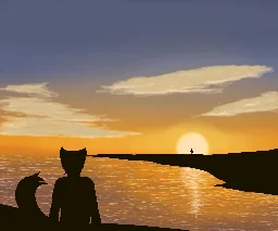 A scenic, digital artwork of two anthro characters standing on landmasses separated by a body of water. The sun sets in the background, silhouetting both characters and behind the one who is further away. The sunset is reflected in the waters below and a few clouds are lit on their edges against the blue-orange gradient sky.