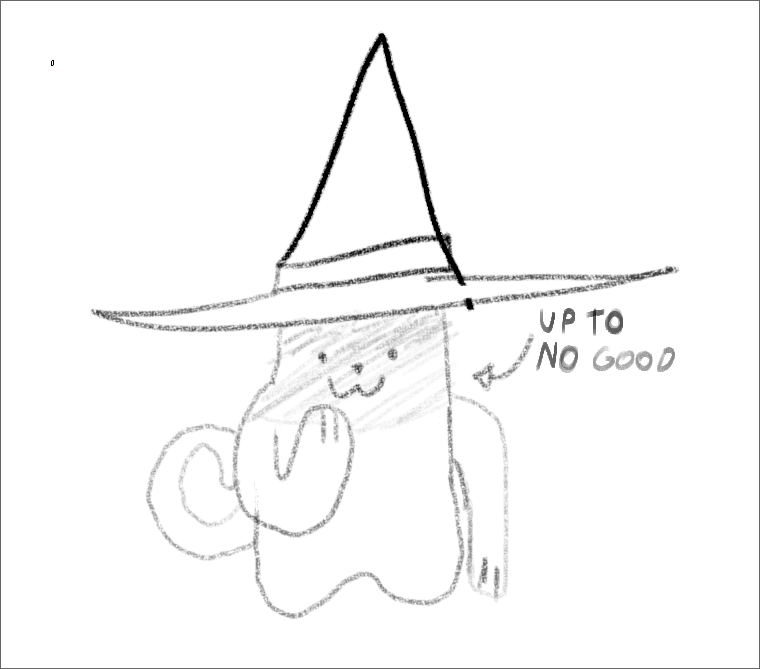 drawing of mischievious cat wearing wizard hat: "Up to no good".