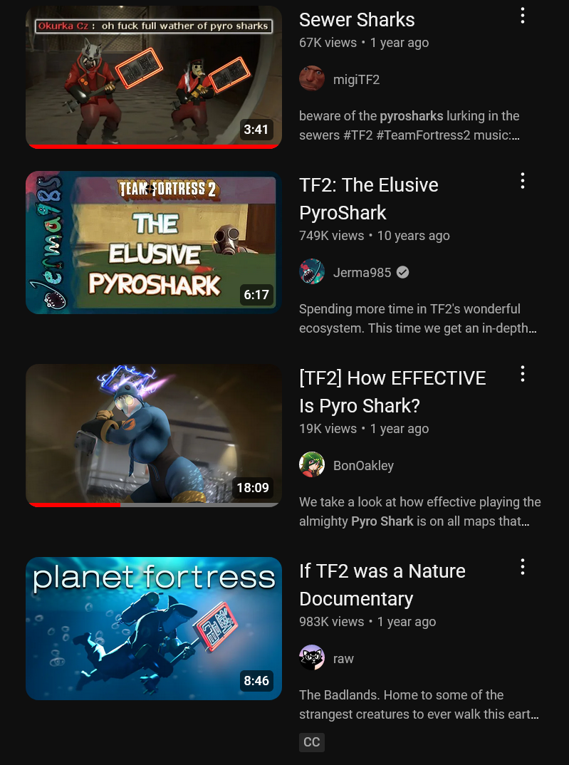 screenshot of PyroShark videos on YouTube
