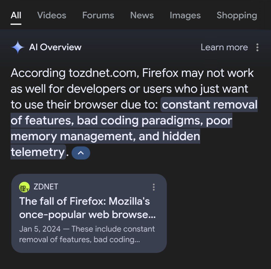 ai generated reasons not to install firefox on Google search
