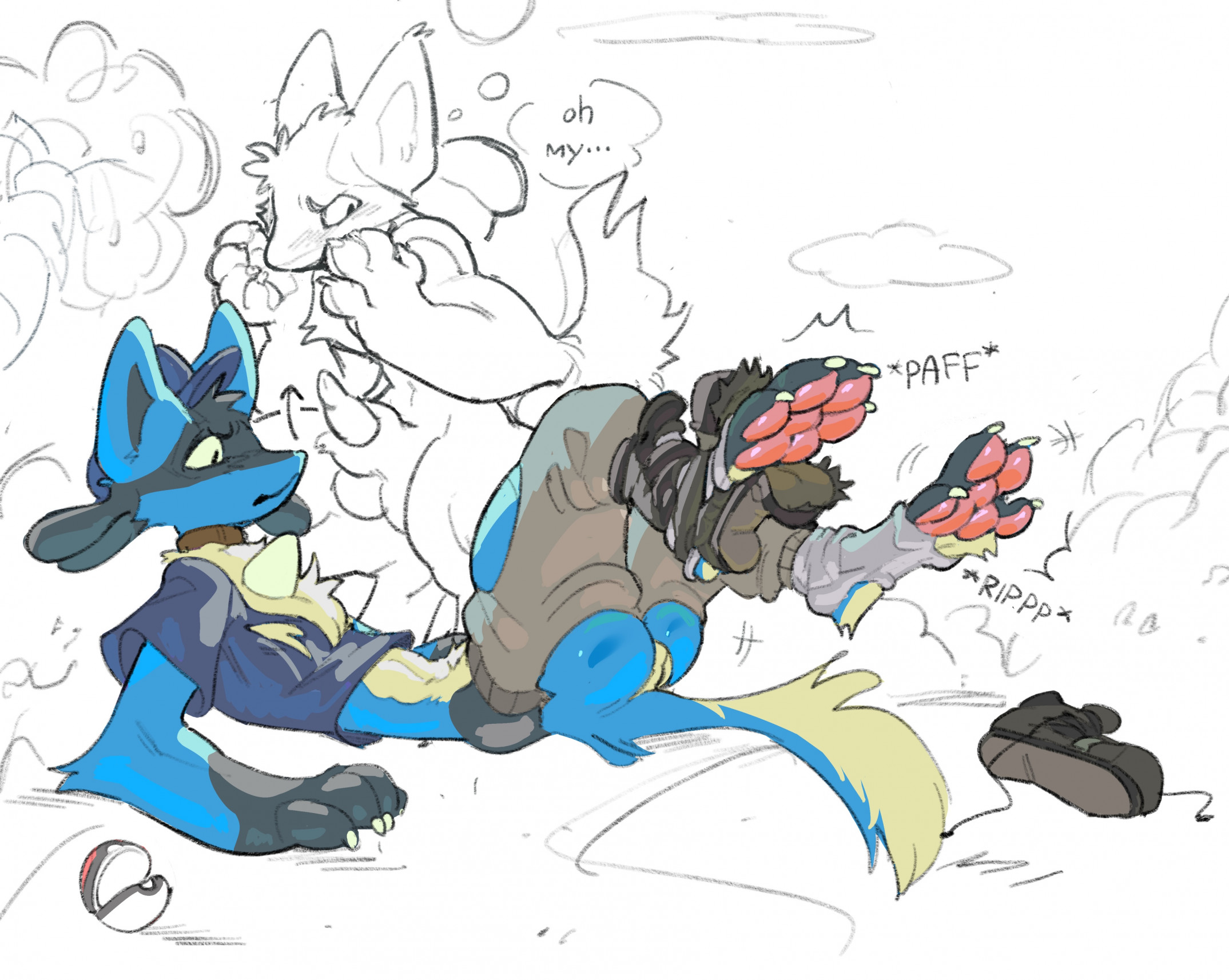 Someone lying on their back, transforming into a Lucario and ripping out of their clothes. Special mention goes to their paws which are bursting out of their shoes with paff paff! Sound effects. In the background a male Lucario is standing over them thinking "Oh my" He tries to look away, but his erection reveals his arousal.