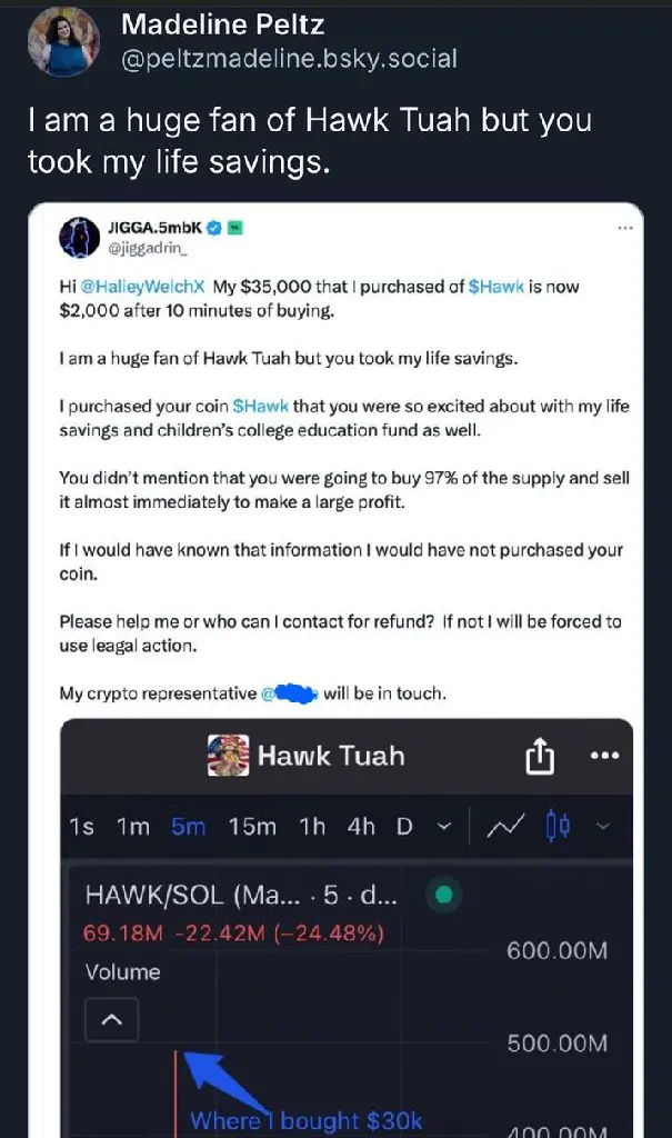 bluesky post that says &quot;I am a huge fan of Hawk Tuah but you took my life savings&quot; with image of someone&#39;s tweet about losing 35k USD from hawk coin attached