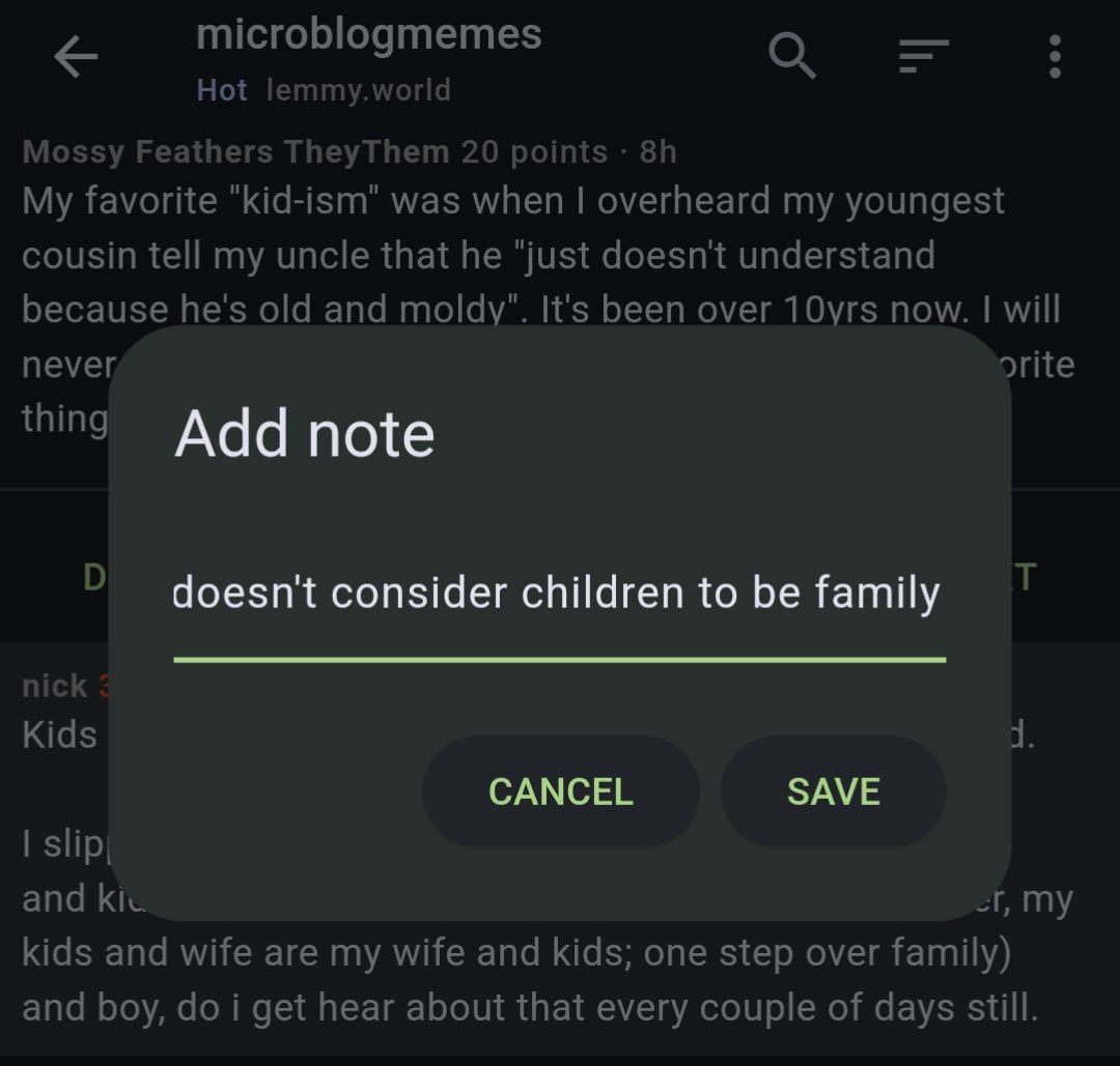 add note: "doesn't consider children to be family"
