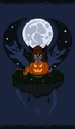 A pixel art rendition of Kate, an anthro gray house-cat with long, brunette hair. She has part of her hair in a beehive, bangs, and the rest falling behind and over her shoulder. She has a smile and half open eyes, with a single pixel showcasing her bags under them. She's looking downward into an open jack-o-lantern, the carved off top of the pumpkin being on your left, leaning on the pumpkin's side. The pumpkin has an evil smile, its glow slightly illuminating the grass around the base. There are red and brown leaves scattered about the grass, and you notice paranormal events are forming around Kate!   The ground where she sits has been ripped from the earth and is floating in the night sky, and smaller chunks of dirt are seen in free fall. Two eerie cat ghosts encircle the island, both with evil grins, and dark auras which reveal stars behind them. These auras are in the shape of horns, which are close together, and wrap around a full moon directly behind and above Kate. 