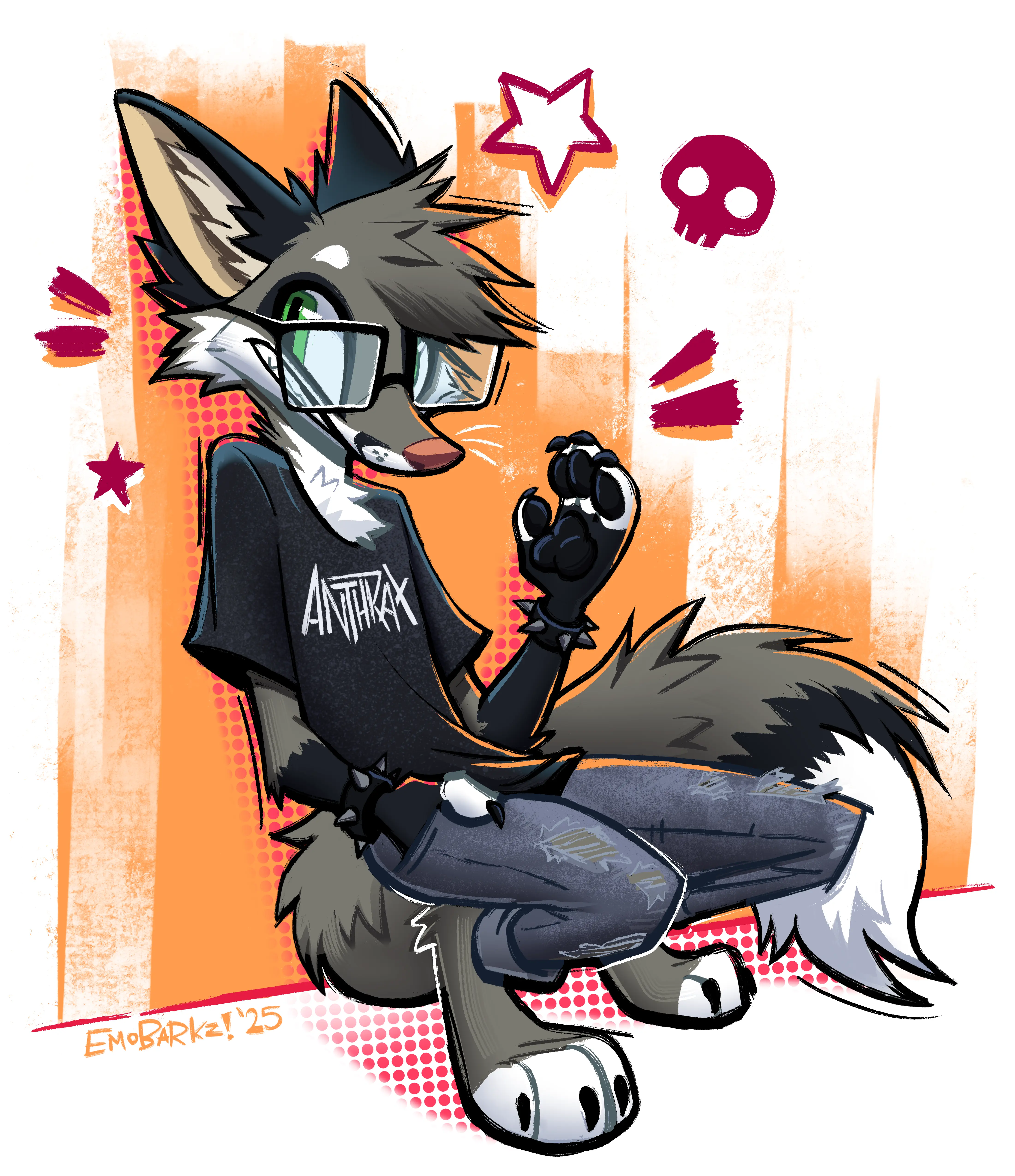 Illustration of a red fox with gray fur (and totally not a wolf) crouching against a wall and waving. He's wearing glasses, spiked wrist collars, and a black "Anthrax" t-shirt.