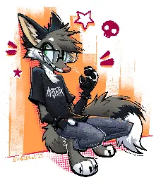 Illustration of a red fox with gray fur (and totally not a wolf) crouching against a wall and waving. He's wearing glasses, spiked wrist collars, and a black "Anthrax" t-shirt.