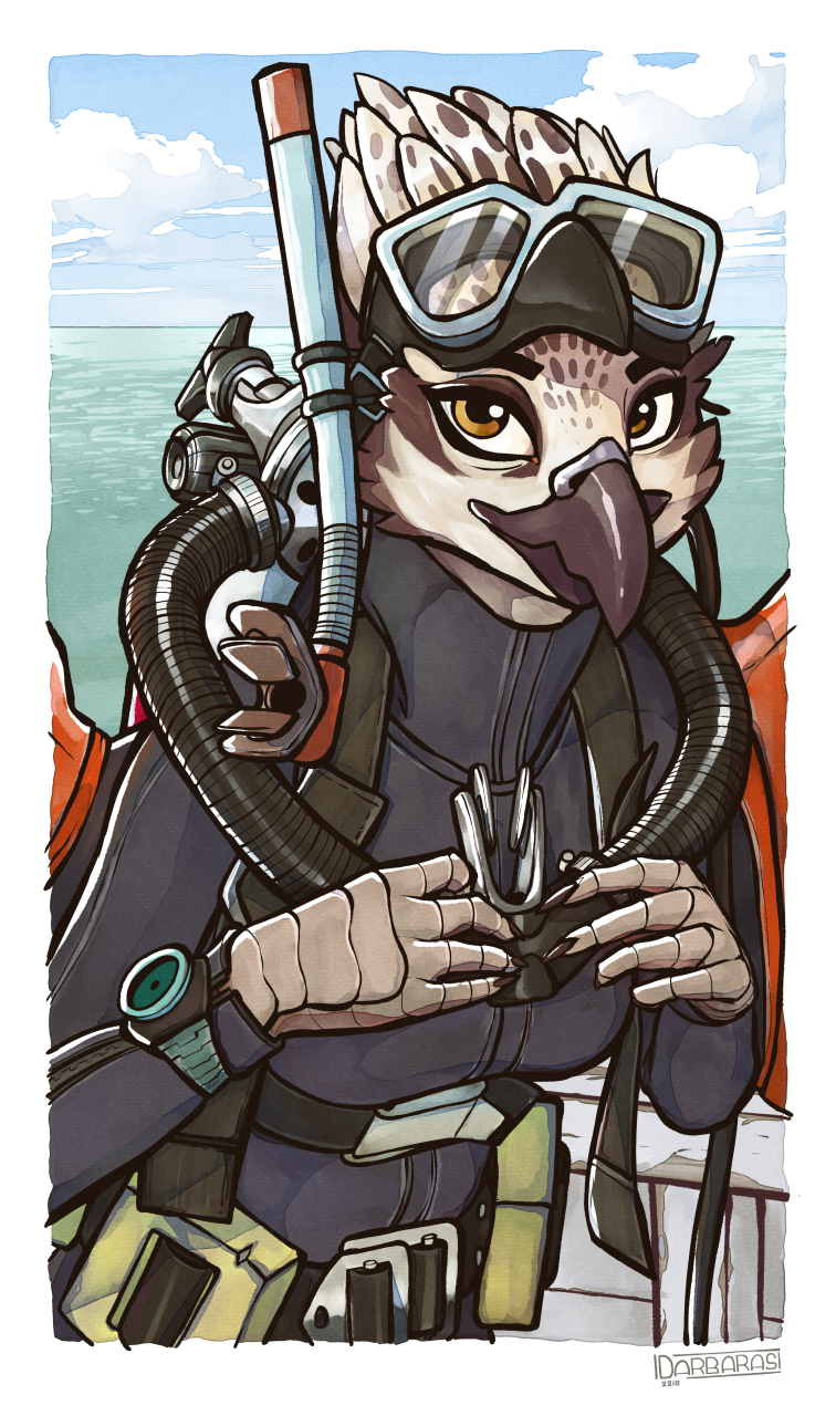 Waist-up digital painting of an Anthro osprey, kitted out in full scuba diving gear
