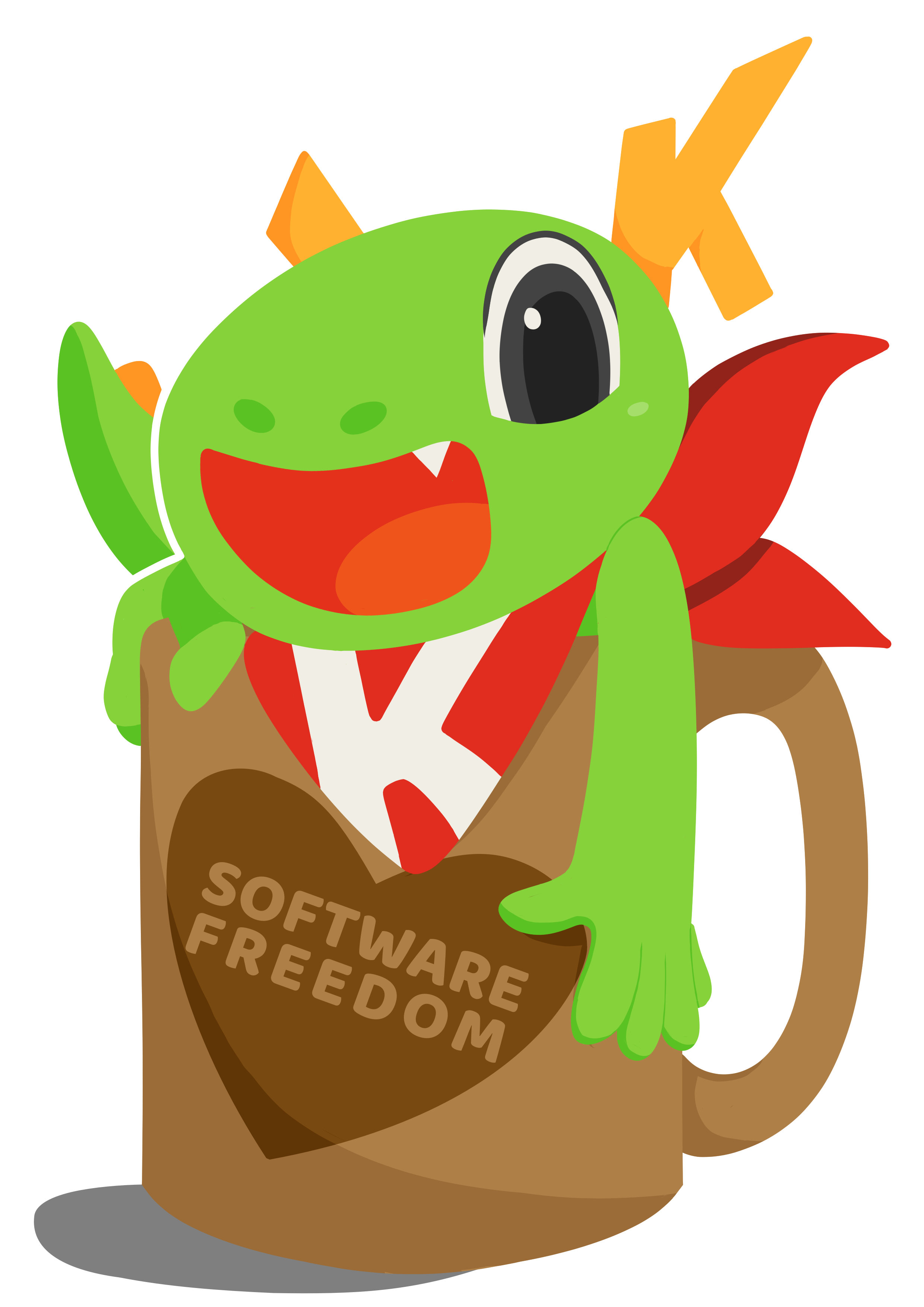 A digital transparent image of Konqi, a small, anthro, lime green dragon sitting in a coffee cup. He has antlers which resemble a K shape, as well as a red scarf with a white K on it (referencing his name and also the KDE logo). Konqi has a huge smile with a small fang visible, and his tail pokes out of our left of the cup. One of his hands grips the top of the cup, while the other hands down low on our right side. The coffee cup has a large heart on it, with text inside that reads: software freedom.