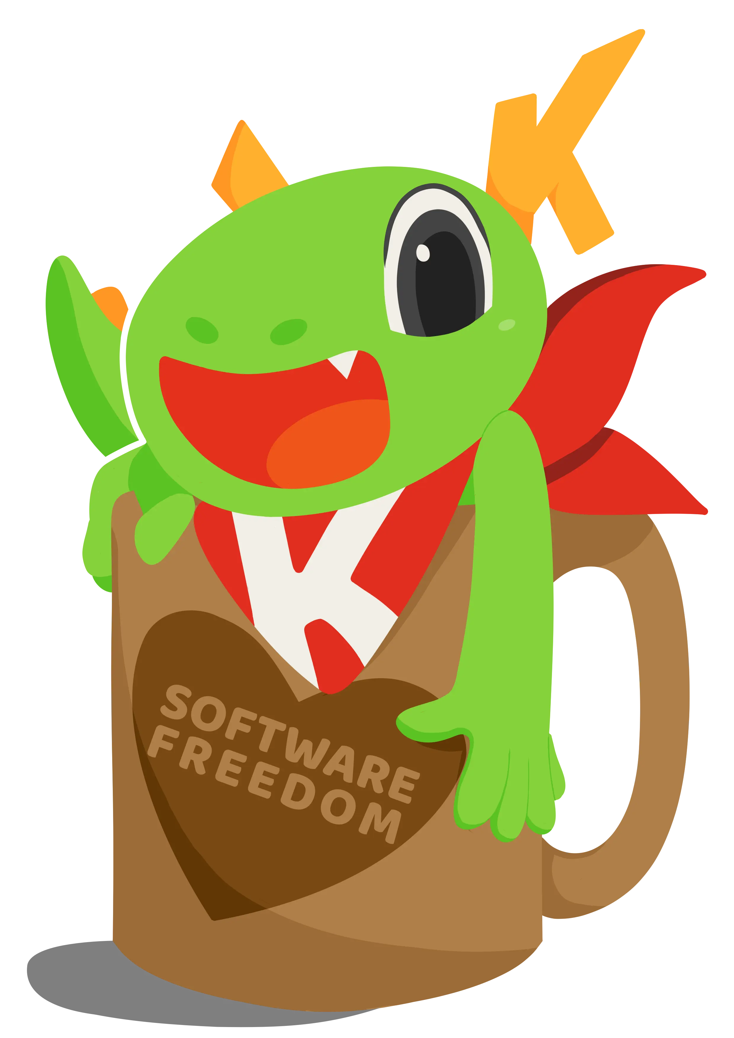 A digital transparent image of Konqi, a small, anthro, lime green dragon sitting in a coffee cup. He has antlers which resemble a K shape, as well as a red scarf with a white K on it (referencing his name and also the KDE logo). Konqi has a huge smile with a small fang visible, and his tail pokes out of our left of the cup. One of his hands grips the top of the cup, while the other hands down low on our right side. The coffee cup has a large heart on it, with text inside that reads: software freedom.